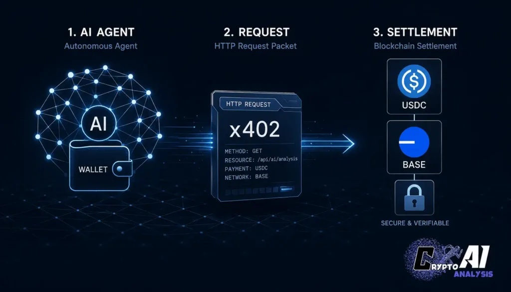 AI agent sending an x402 stablecoin payment through the agentic finance infrastructure stack in 2026
