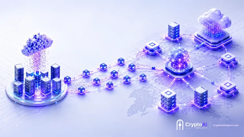 Editorial illustration of Akash Network decentralized GPU compute nodes migrating off the Cosmos blockchain