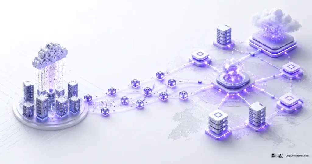 Akash Network (AKT): GPU Compute, BME Burn, Cosmos Exit 1 Editorial illustration of Akash Network decentralized GPU compute nodes migrating off the Cosmos blockchain