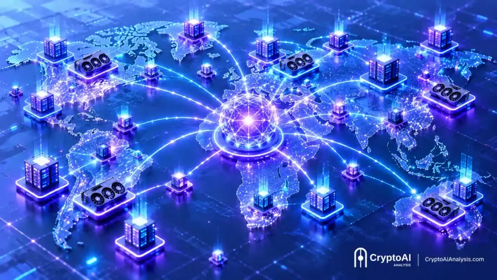 Diagram illustrating io.net architecture, showing distributed GPU nodes from data centers worldwide connecting through the Solana network into the Incentive Dynamic Engine, which routes output to AI inference workloads and revenue-linked token burns.
