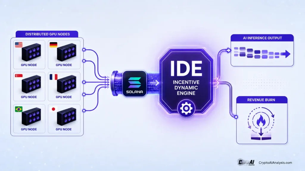 io.net decentralized GPU network diagram showing distributed AI inference nodes and IDE token burn flow on Solana
