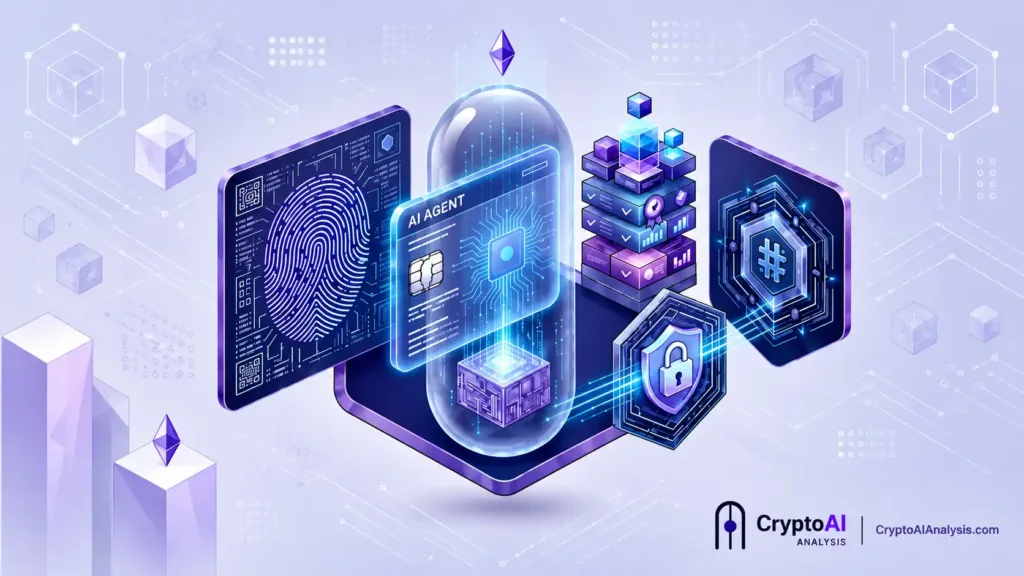 ERC-8004 AI agent trust framework illustrating on-chain identity, reputation, and verification on the Ethereum blockchain.