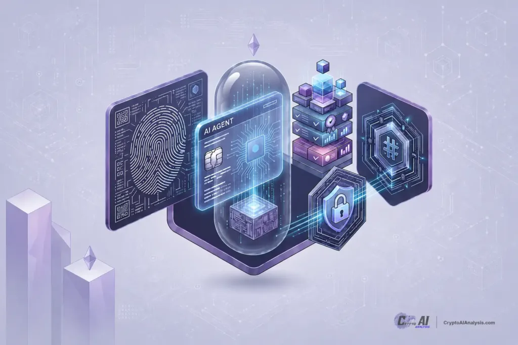 ERC-8004 Adoption: What the Agent Numbers Actually Show 1 ERC-8004 AI agent trust framework illustrating on-chain identity, reputation, and verification on the Ethereum blockchain.