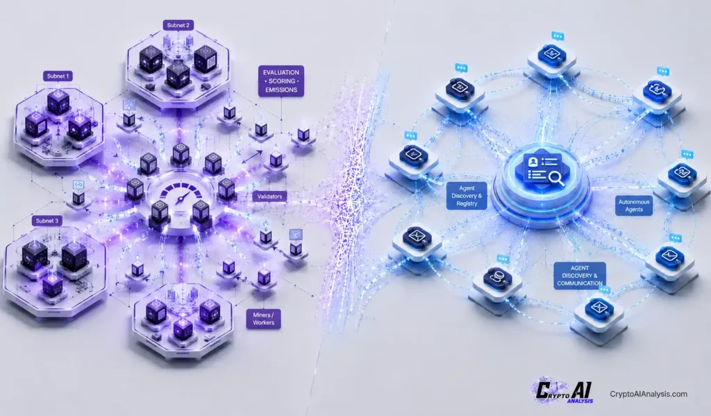 Bittensor Subnets vs Fetch.ai uAgents architecture comparison showing subnet validators and miners versus autonomous AI agents.