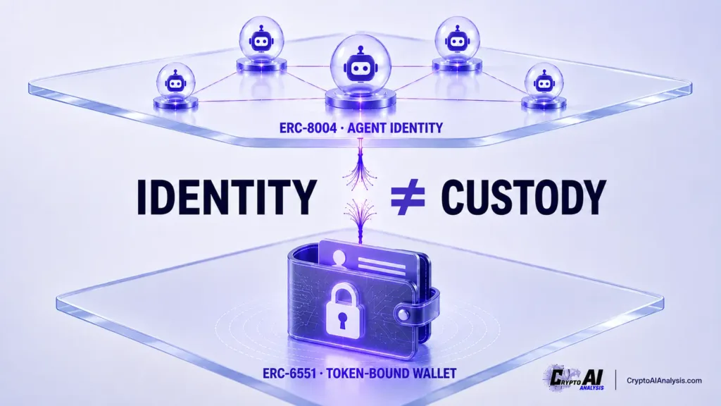 Diagram showing ERC-8004 agent identity and ERC-6551 token bound wallet as separate, thinly connected architectural layers.