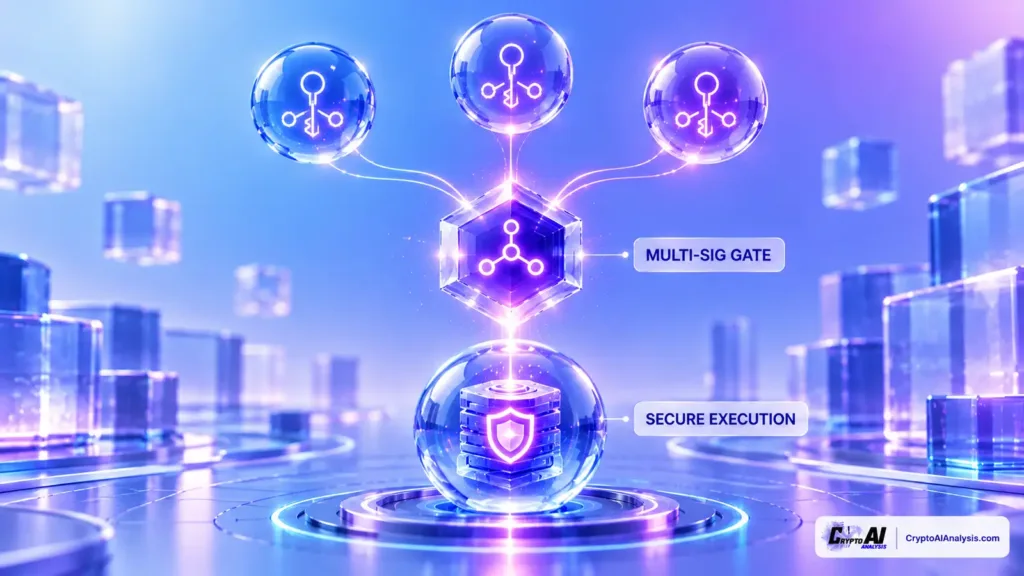Translucent multi-sig gate of glowing orbs verifying an AI agent wallet transaction before secure execution.