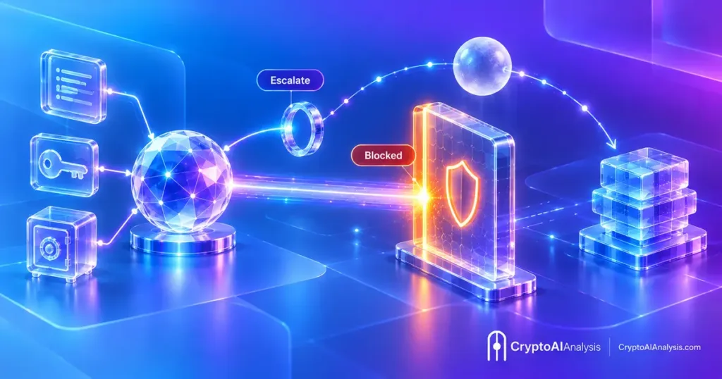 AI agent permissions shown as glass gates that stop an agent's blocked request from detouring through a proxy node
