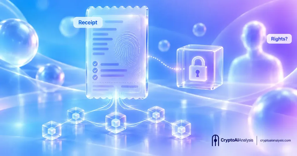AI training data provenance shown as a glass receipt linked to an onchain record, with a sealed data cube and a rights badge