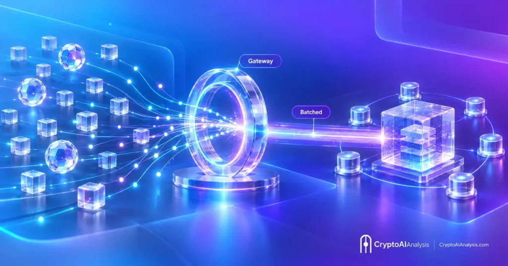 Circle Arc mainnet shown as glass agent nodes paying through one gateway that batches many small payments into one block